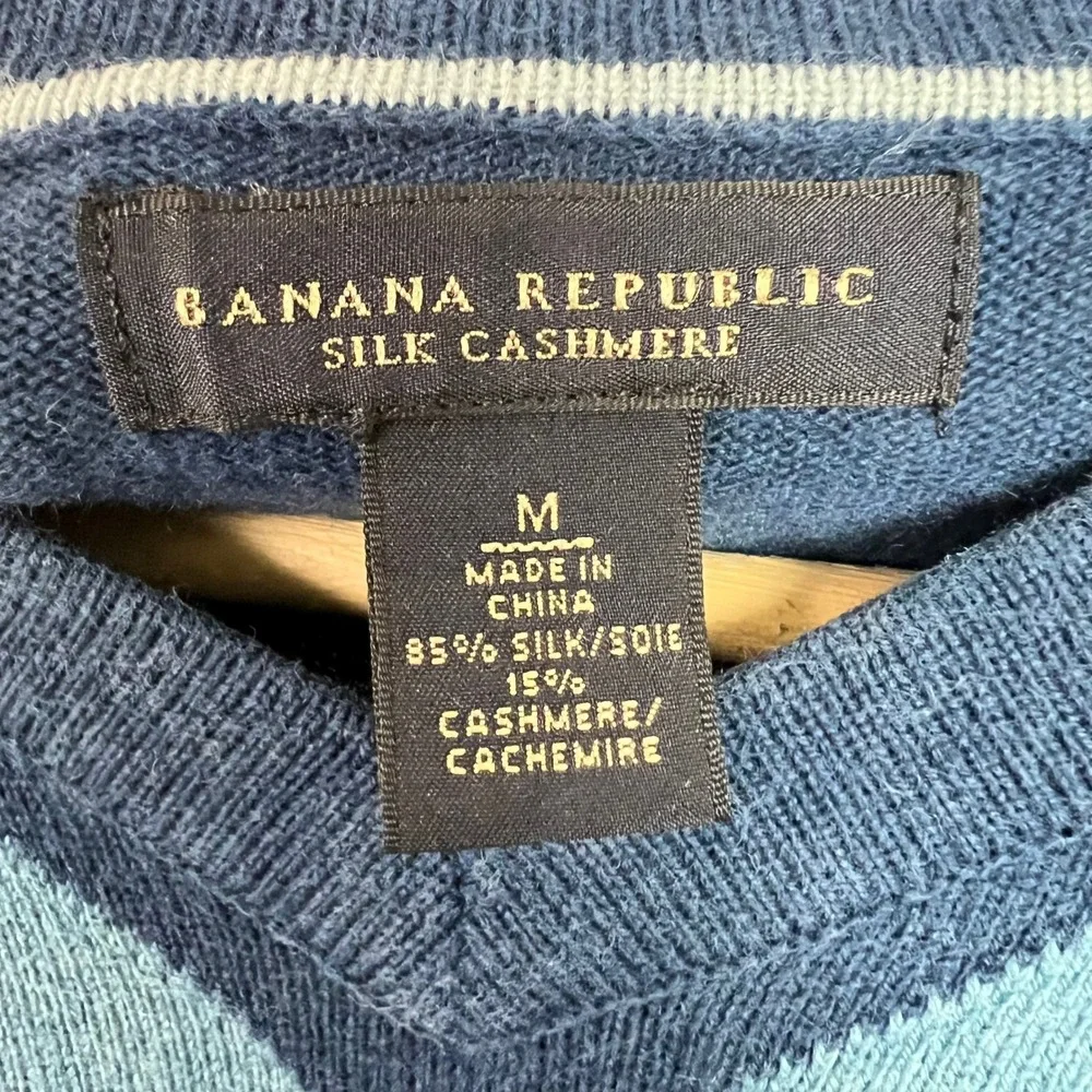 Banana Republic Mens Blue Argyle Silk Cashmere V-Neck Sweater Elbow Patches M